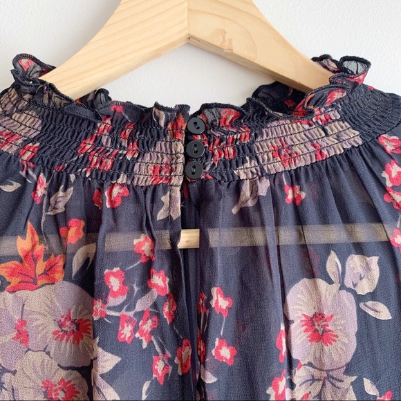 SOLD Zara | Sheer Navy Floral Blouse Lace Accents - Picture 7 of 8